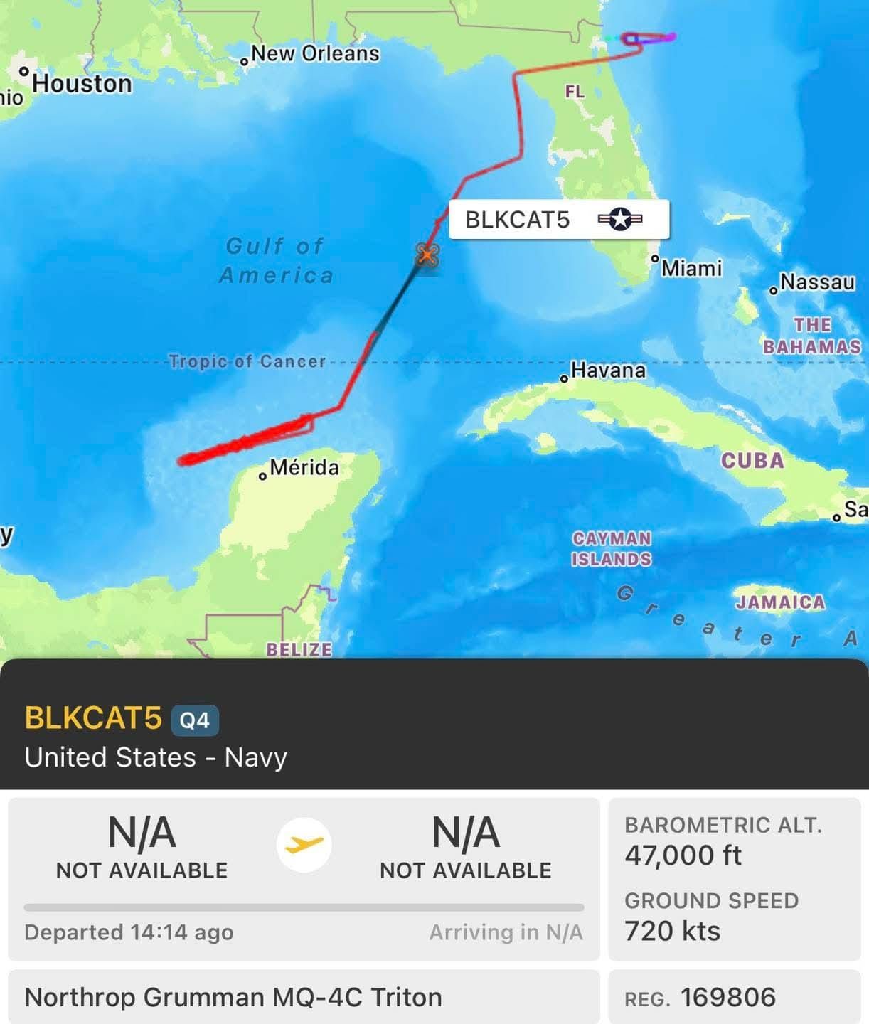 Dron de gran alcance de la armada de los Estados Unidos, fue visto sobrevolando las costas de Yucatán y regresar a Florida
